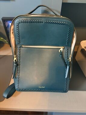 Calpak Teal Leather Backpack with Braided Trim and Gold Hardware